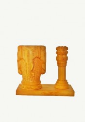 Ashoka Pillar Tabletop Pen Holder crafted in white wood with 4 elephant head carving